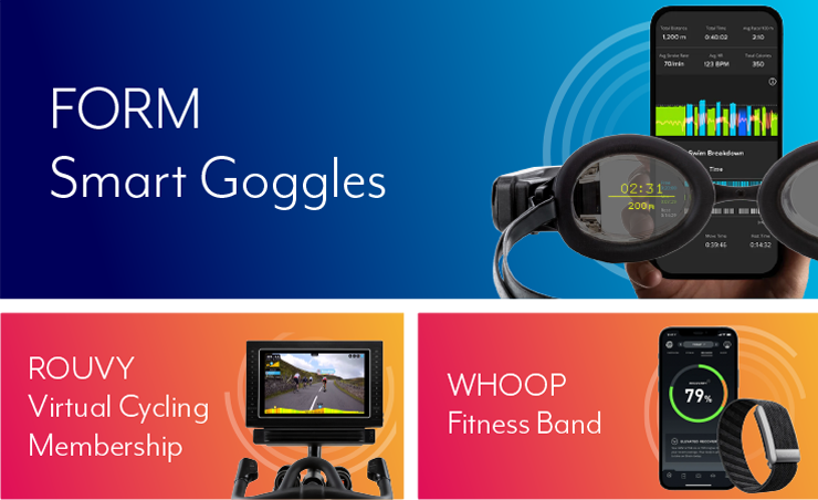 Claim 1 of 3 gifts worth $150+ showing images of a whoop fitness band, Rouvy cycling membership and form smart goggles